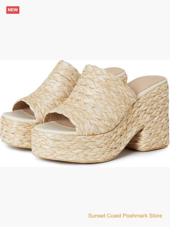 Shoes - Platform Wedge Sandals Raffia Woven Slides Chunky Heel Open Toe